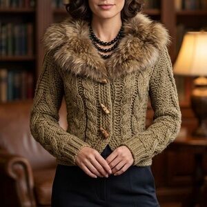 LOVE SEX MONEY Italy Vintage Chunky Cable Knit Cardigan Detachable Fur Collar-XS